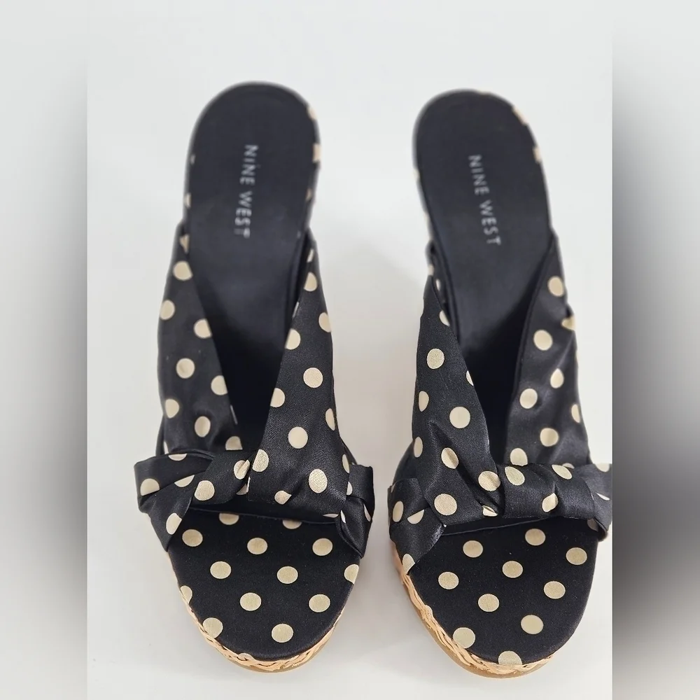 NEW Nine West Women's HARPEL Black & Tan DOTS Platform Wedge Sandal Size 7.5 M